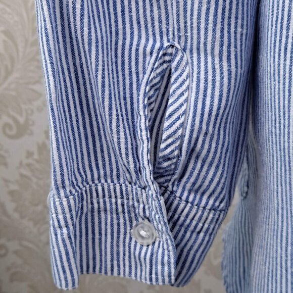 For Cynthia Sz Medium Blue White Striped Tunic Long Sleeve Roll Tab Split V-neck - Picture 7 of 15